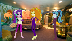 Size: 1024x580 | Tagged: safe, artist:angieangel555onutube, adagio dazzle, aria blaze, sonata dusk, mermaid, equestria girls, rainbow rocks, adagio is not amused, aquarium, bed, clothes, equestria girls in real life, footed sleeper, giant clam, no toes, pajamas, the dazzlings