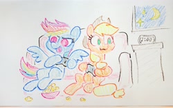 Size: 4096x2565 | Tagged: safe, artist:dawnfire, derpibooru import, applejack, rainbow dash, earth pony, pegasus, pony, clock, controller, duo, female, food, mare, night, photo, popcorn, sketch, sketches from a hat, sofa, traditional art, video game, window