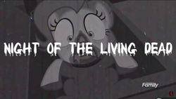 Size: 1600x900 | Tagged: safe, edit, edited screencap, screencap, pinkie pie, earth pony, pony, zombie, zombie pony, 28 pranks later, black and white, cookie zombie, funny, grayscale, monochrome, night of the living dead, parody, youtube link