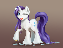 Size: 3000x2300 | Tagged: safe, artist:coldtrail, rarity, pony, unicorn, brown background, female, mare, one eye closed, raised hoof, simple background, solo, unshorn fetlocks, wet, wet mane, wet mane rarity, wink