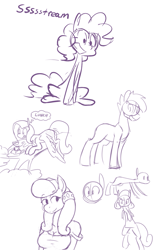 Size: 1003x1606 | Tagged: safe, artist:whatsapokemon, fluttershy, pinkie pie, oc, anthro, monochrome, sketch, sketch dump