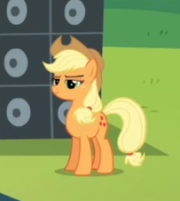 Size: 203x226 | Tagged: safe, screencap, applejack, earth pony, pony, the mane attraction, blonde mane, female, mare, orange coat, solo