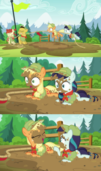 Size: 1280x2156 | Tagged: safe, screencap, applejack, coloratura, earth pony, pony, the mane attraction, camp friendship, cute, dirty, eyes closed, filly applejack, gritted teeth, happy, mouth hold, mud, open mouth, pulling, rara, scout uniform, smiling, tug of war, wide eyes