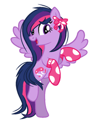 Size: 626x844 | Tagged: safe, artist:master-of-scarves, derpibooru import, twilight sparkle, twilight sparkle (alicorn), alicorn, pony, alternate hairstyle, bipedal, bow, clothes, female, looking at you, mare, open mouth, raised leg, recolor, smiling, socks, solo, spread wings