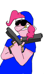 Size: 768x1280 | Tagged: safe, pinkie pie, earth pony, pony, backwards ballcap, crippie pie, crips, gangsta, gangster, gold tooth, gun, gun shaped object, hat, pose, simple background, solo