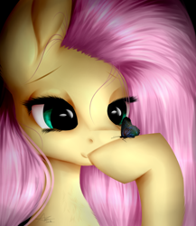 Size: 1600x1846 | Tagged: safe, artist:ariochwolf, fluttershy, butterfly, pegasus, pony, bust, chest fluff, female, hoof hold, looking at something, mare, portrait, solo