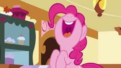 Size: 1280x720 | Tagged: safe, screencap, pinkie pie, pony, 28 pranks later, laughing, nose in the air, open mouth, solo, volumetric mouth