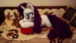 Size: 400x225 | Tagged: safe, artist:ponimalion, derpibooru import, rainbow dash, rarity, animated, bed, bedroom eyes, duo, duo female, female, heart, heart pillow, irl, jumping, life size, photo, pillow, plushie, youtube, youtube link