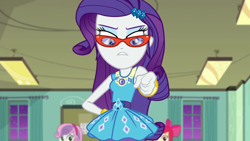 Size: 1280x720 | Tagged: safe, screencap, apple bloom, rarity, sweetie belle, better together, equestria girls, happily ever after party, happily ever after party: rarity, apple bloom's bow, bow, bracelet, canterlot high, classroom, frown, geode of shielding, glare, glasses, glasses rarity, gritted teeth, hair bow, jewelry, lidded eyes, looking at you, night, offscreen character, pointing, pointing at you, pointing rarity, pov, rarity's glasses, solo focus, wide eyes