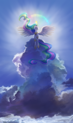 Size: 1500x2500 | Tagged: safe, artist:divlight, princess celestia, alicorn, pony, cloud, crepuscular rays, female, flying, halo, magic, majestic, mare, phone wallpaper, rainbow, solo, spread wings, wallpaper, wings