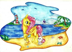 Size: 1024x745 | Tagged: safe, artist:twixyamber, angel bunny, fluttershy, pegasus, pony, beach, lighthouse, traditional art