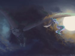 Size: 1472x1088 | Tagged: safe, artist:floralfly, princess celestia, alicorn, dragon, pony, armor, cloud, curved horn, female, floppy ears, flying, looking back, mare, plot, smiling, spread wings, sun, underhoof, wings