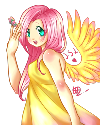 Size: 800x1000 | Tagged: safe, artist:solanapple, fluttershy, butterfly, human, clothes, humanized, open mouth, simple background, transparent background, winged humanization