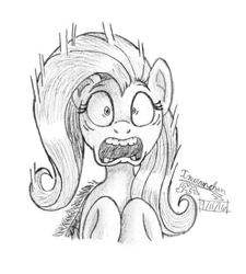 Size: 573x636 | Tagged: safe, artist:inurantchan, fluttershy, pegasus, pony, atg 2016, bust, monochrome, newbie artist training grounds, open mouth, pencil drawing, scared, simple background, solo, surprised, traditional art, white background, wide eyes