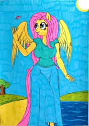 Size: 2248x3169 | Tagged: safe, artist:killerteddybear94, fluttershy, anthro, butterfly, breasts, clothes, female, hootershy, lake, long skirt, skirt, smiling, sun, t-shirt, traditional art, water, wings