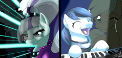 Size: 1920x912 | Tagged: safe, artist:jinyaranda, applejack, coloratura, svengallop, earth pony, pony, the mane attraction, 2015, clothes, countess coloratura, crying, eyes closed, laser, lights, liquid pride, necktie, one eye closed, piano, rara, signature, singing, solo, split screen, spotlight, tears of joy, teary eyes, that was fast, the magic inside, the spectacle