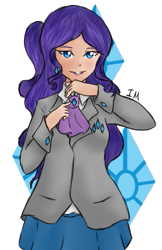 Size: 371x573 | Tagged: safe, artist:lilimani8, rarity, human, clothes, cutie mark background, cutie mark on clothes, female, humanized, school uniform, simple background, skirt, solo, white background