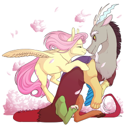 Size: 1500x1500 | Tagged: safe, artist:seleniium, discord, fluttershy, pegasus, pony, discoshy, male, nuzzling, petals, shipping, simple background, straight, transparent background