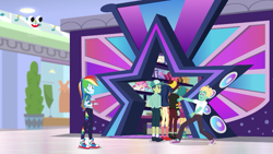 Size: 1280x720 | Tagged: safe, derpibooru import, screencap, desert sage, mile hill, orange sunrise, rainbow dash, zephyr breeze, better together, equestria girls, holidays unwrapped, background human, canterlot mall, cap, clothes, converse, dashing through the mall, female, geode of super speed, hat, magical geodes, male, no socks, pants, plusplus, shoes, skirt, sneakers, socks, waldo whereabout