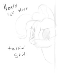 Size: 577x699 | Tagged: safe, artist:itsthinking, pinkie pie, earth pony, pony, angry, glare, heard you were talking shit, looking at you, monochrome, scrunchy face, sketch, solo, vulgar