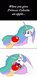 Size: 1495x3113 | Tagged: safe, artist:banebuster, princess celestia, alicorn, pony, apple, comic, disembodied hand, eating, female, flehmen response, food, fruit, hand, herbivore, hoers, horses doing horse things, majestic as fuck, mare, open mouth, simple background, wat, white background