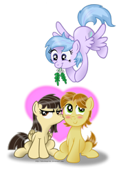 Size: 1024x1484 | Tagged: safe, artist:aleximusprime, wild fire, oc, oc:mandopony, oc:sleepy skies, earth pony, pegasus, pony, blushing, female, heart, imminent kissing, kiss on the cheek, kissing, male, mandofire, mare, mistletoe, mouth hold, shipper on deck, simple background, stallion, straight, transparent background, unamused, wild fire is not amused