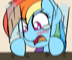 Size: 2451x2034 | Tagged: safe, artist:ashtoneer, derpibooru import, rainbow dash, pegasus, pony, blurry, blushing, female, mare, meme, motion blur, motion blur meme, open mouth, reaction image, solo, table