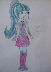 Size: 1050x1476 | Tagged: safe, artist:blazingdazzlingdusk, sonata dusk, equestria girls, rainbow rocks, alternate costumes, drawing, solo, the dazzlings, traditional art