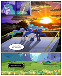 Size: 1250x1550 | Tagged: safe, artist:leffenkitty, princess celestia, princess luna, alicorn, pony, comic:prospect of tranquility, comic, friendship express, glowing horn, hug, sunrise, train, winghug