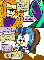 Size: 564x758 | Tagged: safe, artist:shonatabeata, adagio dazzle, aria blaze, sonata dusk, equestria girls, big hair, clothes, comic, cute, duo, duo female, female, mamadagio, messy eating, open mouth, pointing, sonatabetes, the dazzlings, toddler