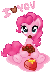 Size: 659x932 | Tagged: safe, artist:metax-z, pinkie pie, earth pony, pony, animated, blushing, chocolate, food, mouth hold, sitting, solo, valentine's day