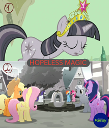 Size: 1200x1400 | Tagged: safe, derpibooru import, edit, edited screencap, screencap, applejack, fluttershy, pinkie pie, rainbow dash, rarity, twilight sparkle, twilight sparkle (alicorn), unicorn twilight, alicorn, earth pony, pegasus, pony, unicorn, rainbow roadtrip, the return of harmony, applejack's hat, big crown thingy, butt, comparison, cowboy hat, discorded, discorded twilight, element of magic, female, hat, jewelry, male, mane six, mare, plot, regalia, sad, stallion