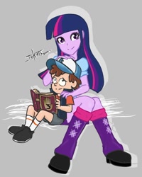 Size: 550x689 | Tagged: safe, artist:tokatl, derpibooru import, twilight sparkle, equestria girls, age difference, clothes, crossover, crossover shipping, diplight, dipper pines, female, gravity falls, humanized, journal #3, male, petting, shipping, skirt, straight