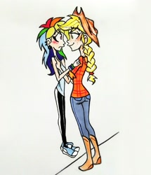 Size: 2715x3159 | Tagged: safe, artist:citi, derpibooru import, applejack, rainbow dash, human, appledash, blushing, converse, female, humanized, lesbian, shipping, shoes, size difference