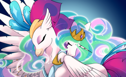 Size: 896x553 | Tagged: safe, artist:gamblingfoxinahat, princess celestia, queen novo, alicorn, classical hippogriff, hippogriff, my little pony: the movie, credits, duo, eyes closed, female, friends, hug, mare, old friend, royalty, scene interpretation, smiling