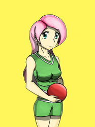 Size: 1000x1340 | Tagged: safe, artist:flam3zero, fluttershy, human, buckball season, ball, buckball, clothes, cute, humanized, midriff, miniskirt, skirt, solo, tanktop