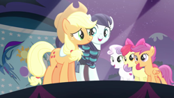 Size: 1280x720 | Tagged: safe, screencap, apple bloom, applejack, coloratura, scootaloo, sweetie belle, earth pony, pony, the mane attraction, cutie mark crusaders, rara, spotlight, stage