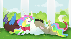 Size: 3500x1947 | Tagged: safe, artist:9centschange, discord, princess celestia, alicorn, draconequus, pony, alternate design, book, cuddle puddle, cuddling, dislestia, female, male, missing accessory, reading, shipping, sleeping, straight