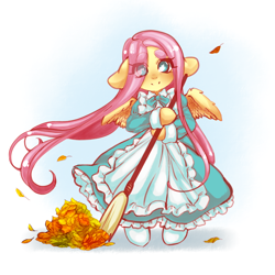 Size: 1024x1024 | Tagged: safe, artist:tolsticot, fluttershy, pegasus, pony, semi-anthro, broom, clothes, cute, dress, female, leaves, maid, mare, shyabetes, smiling, solo