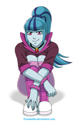 Size: 646x1021 | Tagged: safe, artist:erisabetta, sonata dusk, equestria girls, looking at you, signature, simple background, sitting, smiling, solo