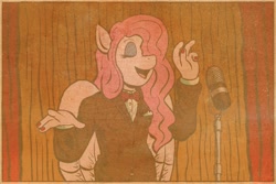 Size: 1800x1200 | Tagged: safe, artist:regularmouseboy, princess celestia, oc, oc:golden penny, anthro, pegasus, bowtie, clothes, disguise, microphone, singing, suit, tuxedo, vintage