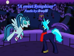 Size: 960x720 | Tagged: safe, sonata dusk, oc, oc:drawn midnight, fanfic:a sweet symphony, pony creator, canon x oc, fanfic art, fanfic cover, shipping, vector