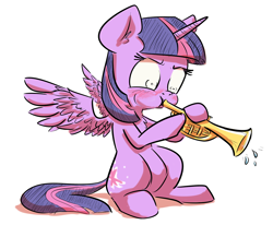 Size: 1280x1053 | Tagged: safe, artist:nobody, derpibooru import, twilight sparkle, twilight sparkle (alicorn), alicorn, pony, blowing, female, mare, mlpgdraws, musical instrument, sitting, struggling, trumpet