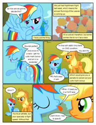 Size: 612x792 | Tagged: safe, artist:newbiespud, derpibooru import, edit, edited screencap, screencap, applejack, rainbow dash, earth pony, pegasus, pony, comic:friendship is dragons, fall weather friends, angry, annoyed, comic, dialogue, eyes closed, female, flying, freckles, hat, mare, prone, screencap comic, tongue out, tree