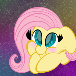 Size: 894x894 | Tagged: safe, artist:tommy-taco, fluttershy, pegasus, pony, abstract background, blush sticker, blushing, cute, digital art, female, looking at you, looking up, mare, puffy cheeks, shyabetes, solo, stars, wide eyes