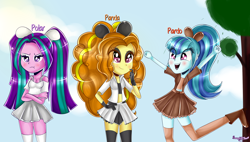 Size: 2500x1424 | Tagged: safe, artist:vixelzf, adagio dazzle, aria blaze, sonata dusk, equestria girls, adoragio, ariabetes, cartoon network, cleavage, clothes, cosplay, costume, crossed arms, crossover, cute, dazzlebetes, female, group, midriff, open mouth, raised leg, signature, skirt, sonatabetes, the dazzlings, trio, we bare bears