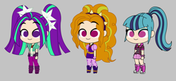 Size: 3835x1769 | Tagged: safe, artist:khuzang, adagio dazzle, aria blaze, sonata dusk, equestria girls, chibi, clothes, cute, human coloration, skirt, smiling, the dazzlings