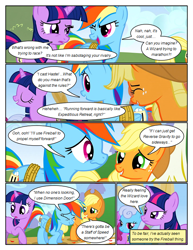 Size: 612x792 | Tagged: safe, artist:newbiespud, derpibooru import, edit, edited screencap, screencap, applejack, berry punch, berryshine, linky, rainbow dash, shoeshine, twilight sparkle, unicorn twilight, earth pony, pegasus, pony, unicorn, comic:friendship is dragons, fall weather friends, annoyed, bound wings, comic, dialogue, eyes closed, female, freckles, frown, hat, laughing, mare, one eye closed, raised hoof, rope, screencap comic, wings, wink