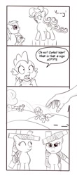 Size: 472x1072 | Tagged: safe, artist:dunkinbean, derpibooru import, pinkie pie, rainbow dash, spike, dragon, earth pony, pegasus, pony, comic, hair curlers, hand, monochrome, pinkie sense