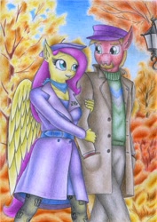 Size: 1973x2787 | Tagged: safe, artist:sinaherib, big macintosh, fluttershy, anthro, autumn, clothes, fluttermac, male, shipping, straight, traditional art